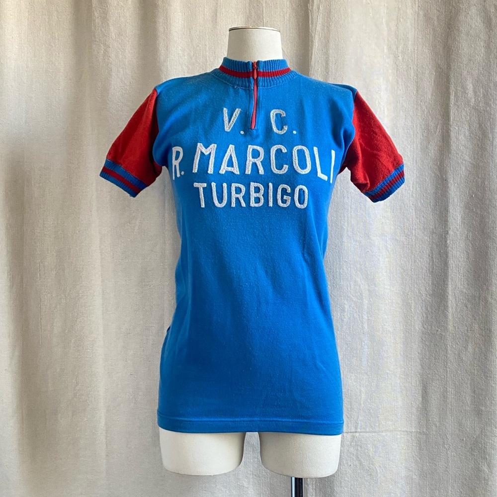 Rare Vintage Italian 1970s wool Bike Cycling Jersey Turbigo top blue red sz S/M